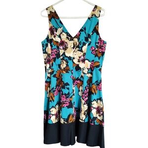 Ninen West Floral Flared Dress Sleeveless Turquoise Black Womens Size 14 NO Belt